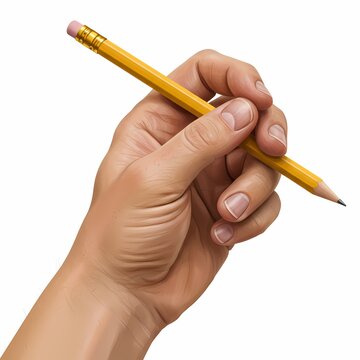 Hand holding a yellow pencil with a pink eraser at the top. The hand appears to be in the middle of writing or drawing.