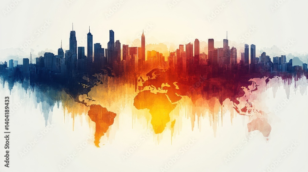 Poster artistic representation of a world map merging with a city skyline, symbolizing globalization