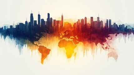 Obraz premium Artistic representation of a world map merging with a city skyline, symbolizing globalization
