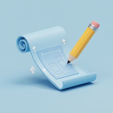 3D scroll of paper with a wireframe drawing of a stack of papers. A yellow pencil with a pink eraser is placed on the scroll.
