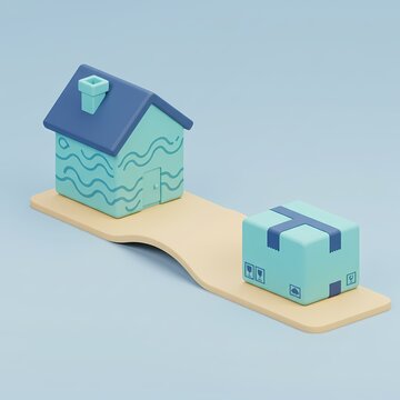 3D Rendered scene with a teal house and a boxed package on a yellow platform against a light blue background.