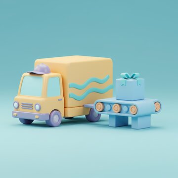 3D Yellow toy truck with blue wheels, driving a conveyor belt that carries a blue gift box with a light blue ribbon.