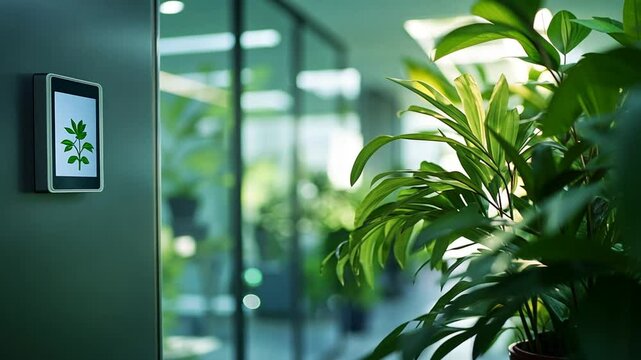 Green plants thrive in bright office with glass walls, promoting a natural workspace environment