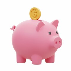 3D Pink Piggy bank with a large coin with a dollar sign on it on top of it.