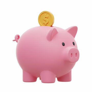3D Pink Piggy bank with a large coin with a dollar sign on it on top of it.
