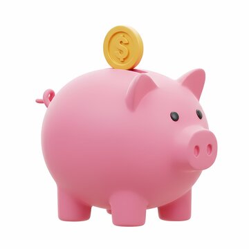 3D Pink Piggy bank with a large coin with a dollar sign on it on top of it.