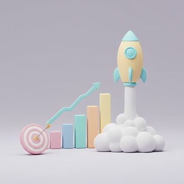3D Rocket launching from a colorful bar chart with a rising arrow, symbolizing growth or progress.