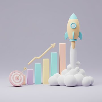 3D Rocket launching from a colorful bar chart with a rising arrow, symbolizing growth or progress.