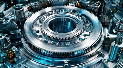 Intricate metal gears and cylindrical components, bathed in cool, blue light