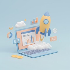 3D illustration of a laptop with a rocket coming out of it, symbolizing growth or progress.