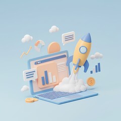 3D cartoonish scene with a laptop from which a rocket is launching, symbolizing growth or innovation.