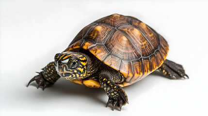 Closeup View Of A Spotted Turtle On White Background