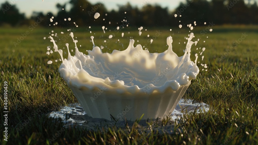 Poster splash of milk creating ripples in a grassy field during sunset with trees in the background