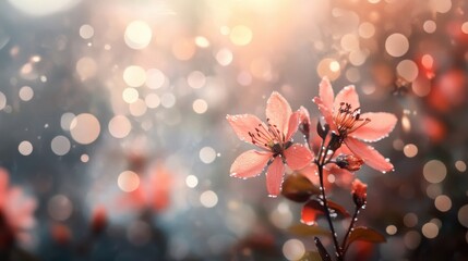 Delicate pink flowers with morning dew, bathed in soft sunlight.