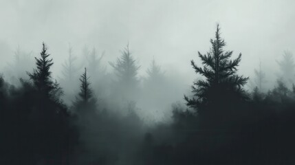 A misty forest shrouded in a thick fog.