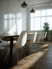 Modern Conference Room with Long Table and White Chairs Interior