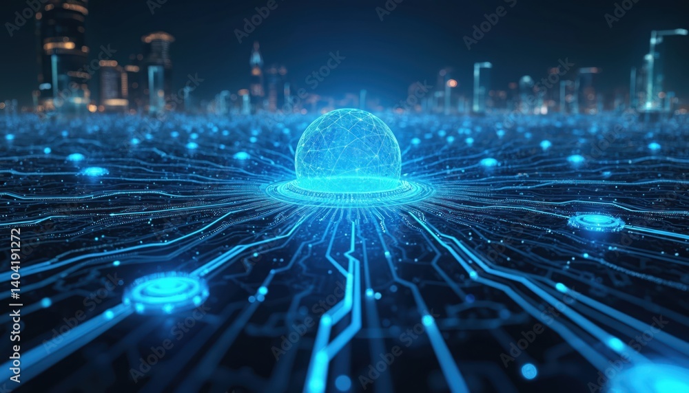 Poster abstract future technology concept with glowing digital sphere, circuit board, city skyline. data tr
