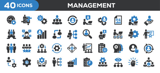 Management icons collection. Related organization, strategy, teamwork. Solid colors style icons. Vector illustration isolated on white background