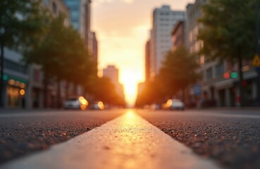 City street bathed in golden sunset light. Buildings trees create visual symmetry, empty road. Evening urban atmosphere, global warming concept, heat wave. Climate change issue.