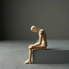 A wooden figure sitting alone on the edge of a surface, head bowed — representing loneliness or depression