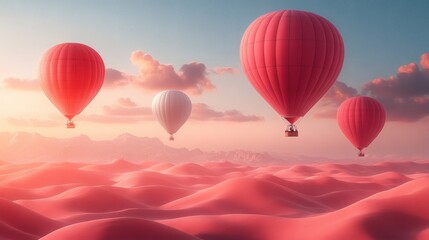 Obraz premium Hot air balloons floating above a scenic landscape. The scene is bathed in a warm, sunset hue, evoking a sense of adventure and freedom.