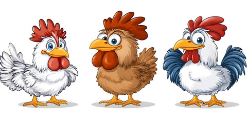 Fototapeta premium Cartoon Illustration of Three Chickens in Various Colors and Poses
