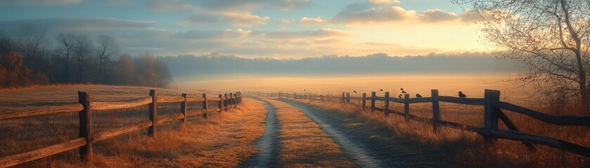 Country road at sunrise, misty morning, fog, golden hour light, rural scene