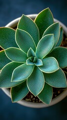 Lush green succulent plant in a beige pot from an overhead view