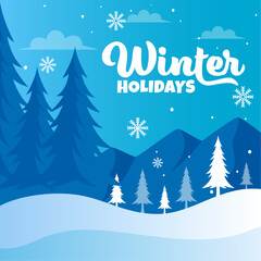 Fototapeta premium Winter holidays background illustration with snowflakes, pine trees, mountain silhouettes, blue gradient sky, festive seasonal scene for greeting card or social media post design