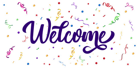 Playful welcome typography with purple lettering surrounded by colorful confetti on a white background, ideal for greeting cards, celebration banners, social media posts, and festive designs
