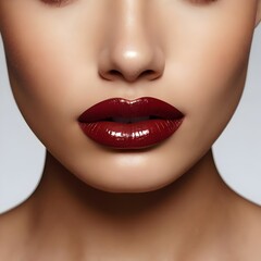Naklejka premium Glossy Lip Beauty Portrait of a Female Model with Perfect Contour, Sculpted Cheeks, and Minimalistic Styling for High-End Makeup, Skincare, and Fashion Campaigns in Studio Light