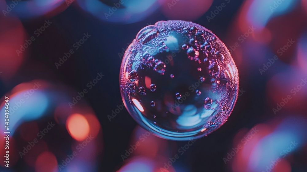 Poster close-up of a soap bubble reflecting colorful lights against a dark background