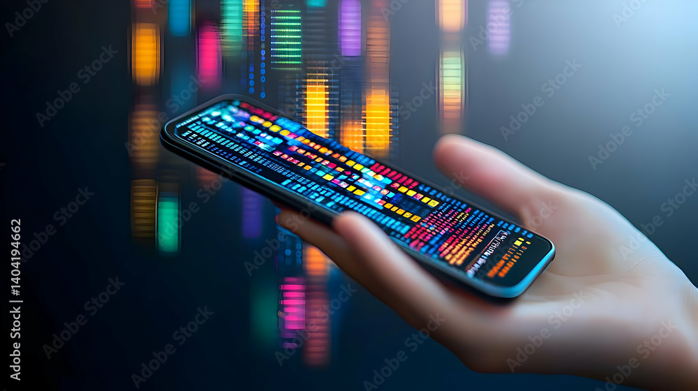 Poster hand holding smartphone with colorful digital code display