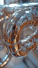 Metallic pipes connect with flanges, gleaming surfaces reflect ambient light