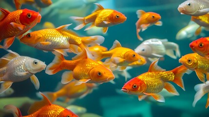 Fototapeta premium Many goldfish swim together in a blue tinted aquarium or tank.