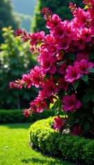 Bougainvillea explosion in vibrant hues against perfectly manicured greens , summer, sun