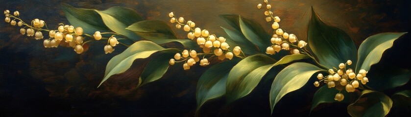 Fototapeta premium Elegant artistic rendering of a branch featuring small yellow flowers and lush green leaves 
