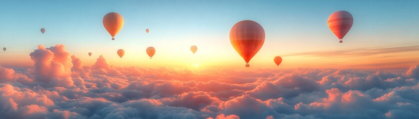Fototapeta premium Hot air balloons soaring above a breathtaking sunset landscape, floating amongst fluffy clouds. The vibrant colors of the balloons and the setting sun create a magical scene