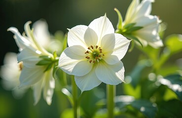 Fototapeta premium Hellebore double Ellen spotted white flower blooms in garden. Poisonous Christmas rose perennial flower. Full bloom in spring. Floral beauty close-up, green leaves, natural background. White colours,