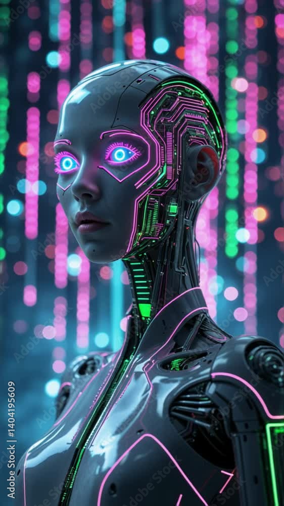 Poster futuristic humanoid robot with intricate glowing neon circuits and cybernetic features. the robot st