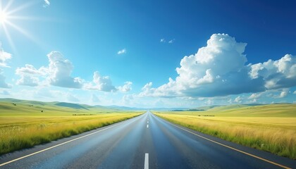 Open highway stretches into distance under bright sunny sky with fluffy clouds. Long road on beautiful day, leading to horizon, travel landscape. Empty asphalt street.