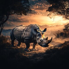 Fototapeta premium Majestic rhino standing in lush landscape with a vibrant background high resolution image