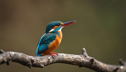 Fototapeta premium Common kingfisher bird sits branch. Beautiful avian creature has blue, orange colors. Wild animal wildlife portrait. Alcedo atthis, European bird, river background. Nature ecology birding.