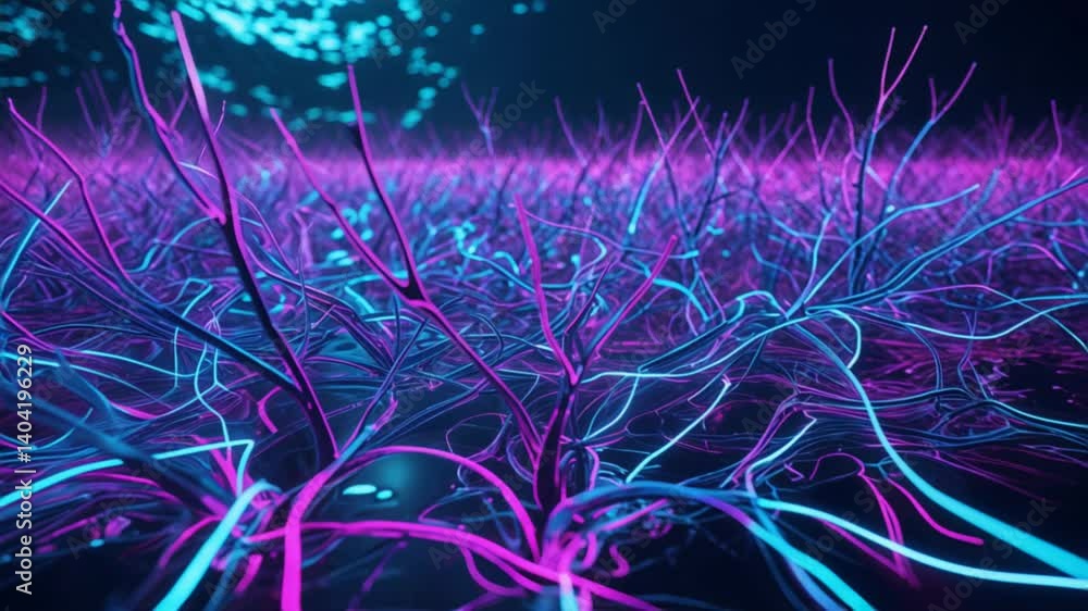 Poster abstract representation of a neural network with interconnected glowing pink and blue lines, symboli