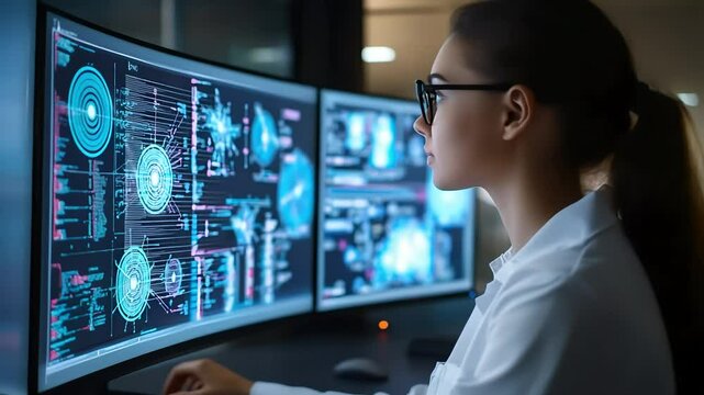 A Female Data Scientist Building an AI-Driven Machine Learning Model, with Complex Algorithms and Data Flow Diagrams Displayed on Her Screen