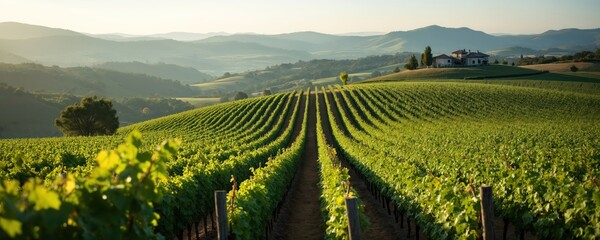Panoramic vineyard view early morning. Rich rows grapevines stretch into distance. Rolling hills, winery in countryside. Rural farming, grape harvest, natural beauty. Scenic vista outdoors plants.