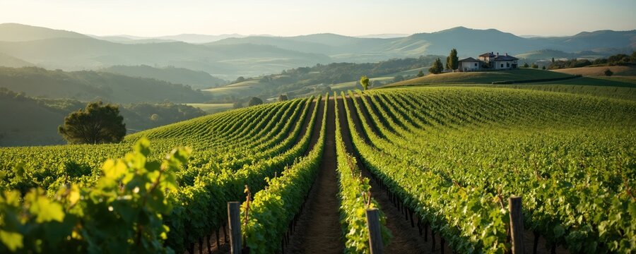 Panoramic vineyard view early morning. Rich rows grapevines stretch into distance. Rolling hills, winery in countryside. Rural farming, grape harvest, natural beauty. Scenic vista outdoors plants.