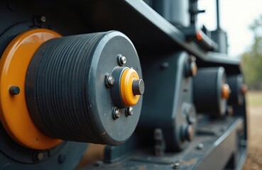 Close-up tractor pulley two belts, agricultural machinery. Industrial engine, yellow-black details. Heavy duty construction, engineering tech. Agriculture tech, farming equipment. Power, traction,
