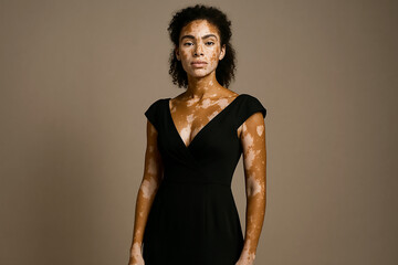Woman with Vitiligo in Elegant Dress. Portrait of a confident woman with vitiligo wearing a black dress, standing against a neutral background. Embracing natural beauty and skin diversity.