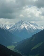 Fototapeta premium Snow-capped mountains dominate landscape, lush green hills beneath cloudy sky. Serene wilderness with fresh air, ideal for hiking travel. Majestic scenery reflects environmental beauty.